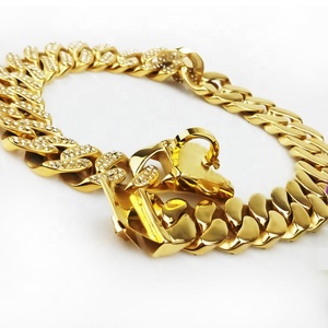 <span class=keywords><strong>Collier</strong></span> de chien <span class=keywords><strong>Bully</strong></span> avec logo de marque personnalisé de luxe en or 18K et acier inoxydable à chaîne épaisse et diamant - Product Image 1