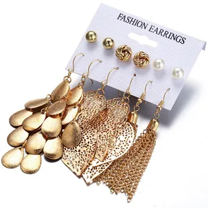 2019 Bohemian New Design Multiple 6 Pairs/Sets Long Earring Pearl Gold Plated Hollow Leaf Tassel Stud Earring SetためWomen