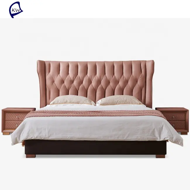 Warna Pink Kulit Asli Tempat Tidur Mewah Desain Double Kulit Tempat Tidur