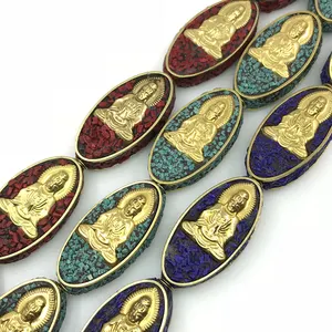 Grosir Manik-manik Dzi Karang Logam Tibetan Ukiran Patung Buddha Nepal Tatahan Manik-manik Tembaga Emas untuk Membuat Perhiasan