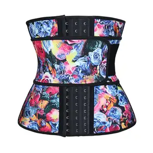 Wholesale Rose Print Waist Shaper Cincher Fajas Underbust Corset Hooks Floral Latex Waist Trainer for Women Tummy Control