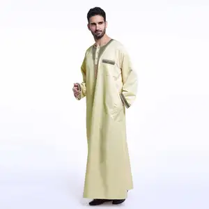 Moslim vlakte thobe Islam gentleman kleding lange mouw Thobe mannen Kaftan Turkse thobe stof