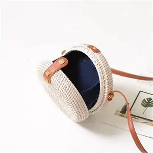 2024Popular Bali Ilha Mão Tecida Bolsa Pequena Rodada Handmade Rattan Saco De Palha Bohemia Mini Summer Beach Circle Shoulder Bag