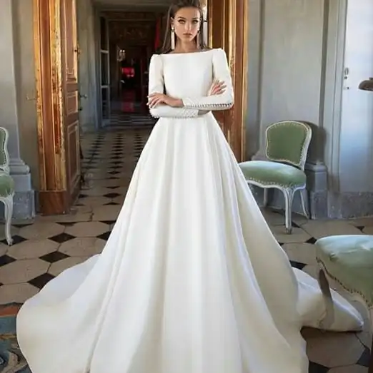 Custom made Wedding Dress Brand Soft Satin Button Wedding dress Ball Gown Bridal dress Full Long Sleeves Wedding Gowns