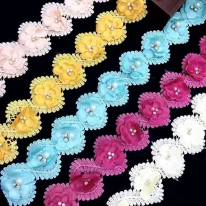 Parel Strass Vlinder Bloemen Patch Chiffon Lace Trim Fringe