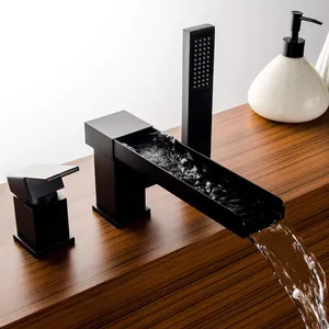 Matte Hitam Air Terjun Bak Mandi Faucet dengan Menarik Keluar Tangan Shower Single Lever Mixer Keran Air Terjun Basin Faucet Keran