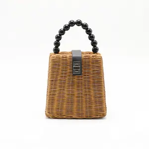 box beads rattan straw bag hand shoulder woven beach handbag