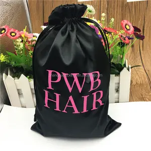 Custom kleur gedrukt satijn koord tassen voor haar, luxe satijn pruik verpakking zakken, roze 20*30 cm zijde satijn haarverlenging zak