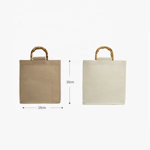 Wholesale Natural Waterproof Bamboo Handle Tote Gift Burlap Jute Bag