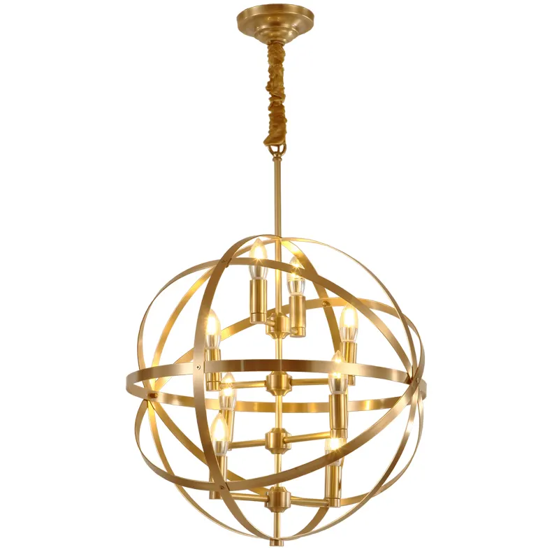 Globo de luxo esfera gaiola luz latão redondo pendurado bola de ouro lâmpada pingente