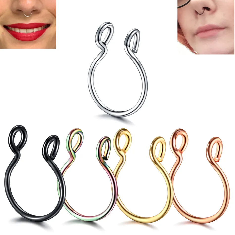 Septum 코 링 20g 후프 코 반지 골드 골드 실버 8mm 비 피어싱 클립 코 링 가짜 바디 피어싱