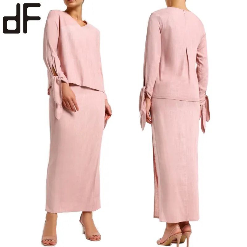 OEM son tasarım Baju Kurung Kebaya ince V boyun Burka endonezya müslüman elbise pembe Baju Kurung Modern malezya