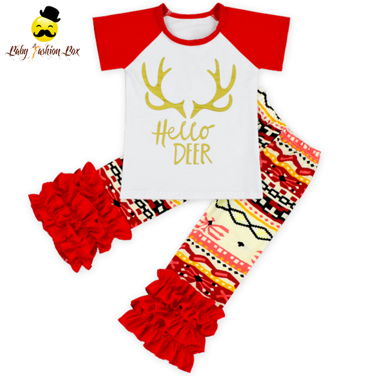 Рождество олень печати реглан шорты с Обледенение брюки для девочек рюшами наборы ухода за кожей малышей