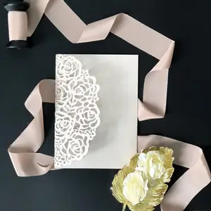 Convite de casamento com corte a laser, cartão de convite rosa flor de bolso convite com envelope