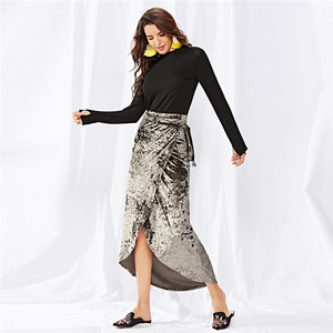 OEM ODM Service 2018 Hiver Sexy de Split Solide Couleur Gris Velours Femmes Dames <span class=keywords><strong>Jupe</strong></span> Longue Avec Sash - Product Image 5