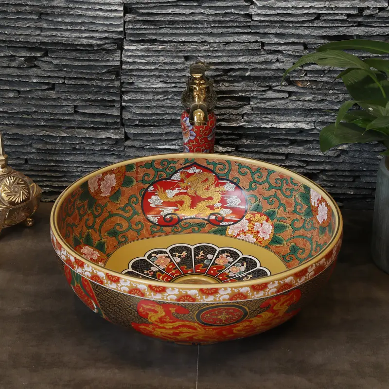 Made in jingdezhen Famille rosa bagno di colore satinato lavabo in ceramica antico bacino bagno lavandino rotondo