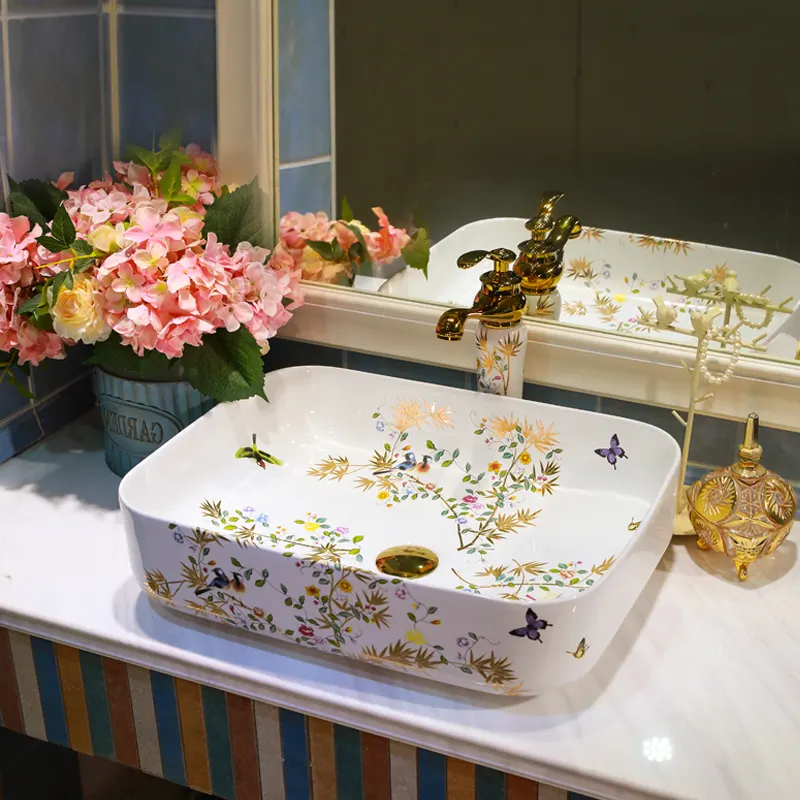 Rechthoekige gouden bloem en vogel patroon porselein keramische wastafel badkamer wastafel