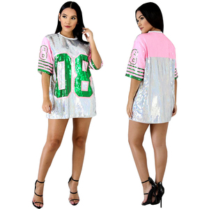 Nuovo girocollo da donna a maniche corte con <span class=keywords><strong>paillettes</strong></span> sexy rosa e verde lettera 08 Bling performance t-shirt jumper <span class=keywords><strong>Top</strong></span> - Product Image 1