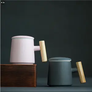 Poignée Ronde Gros Ventre tasse Thé lait 3d couple tasse de thé de café en céramique en bois couvercle et filtre