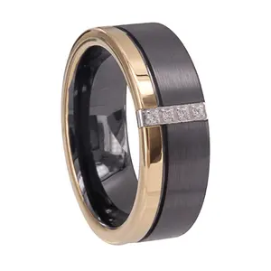 Perhiasan CHENG grosir cincin tungsten pria Pernikahan berlapis hitam dan emas dengan berlian asli