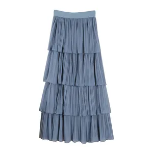 Low MOQ fashion cheap ruffle pleated long skirt