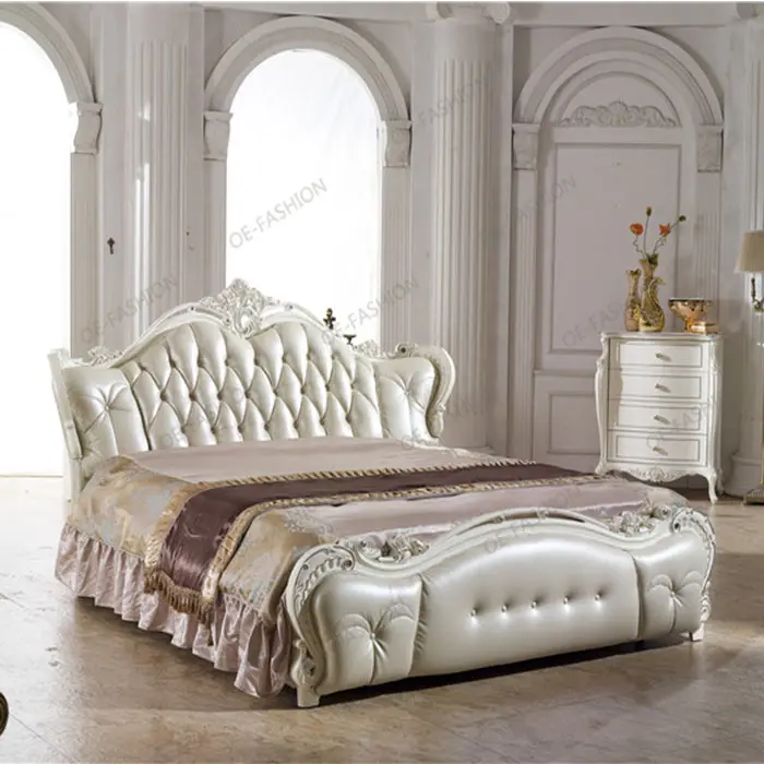 OE-FASHION in legno massello intaglio Bianco da sposa in pelle letto per mobili per la casa