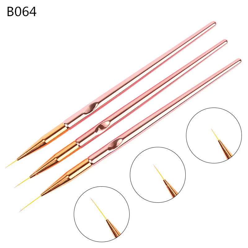 Good quality 3pcs/set Rose Gold Nail Art Line Painting Brushes with metal handle for DIY Drawing Pen B064