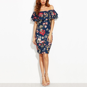 Mode été Vêtements À Manches Courtes Hors Épaule Volants Gaine Femmes Robe Florale - Product Image 4