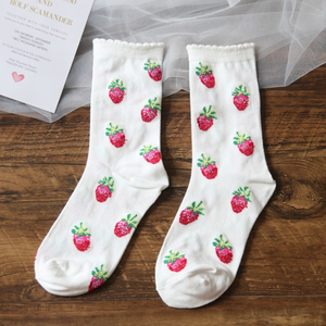 Chaussettes pour filles adolescentes, style rétro japonais, motif fraise, <span class=keywords><strong>tube</strong></span>, mignonnes, amples, à côtes, à dentelle, pour femmes - Product Image 5