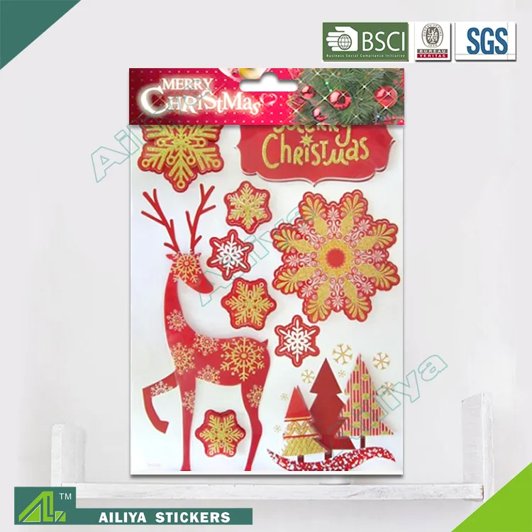 BSCI fabrik audit Weihnachten 3D Umweltfreundliche dekorative abnehmbare glitter aufkleber, weihnachten geschenk Wand aufkleber