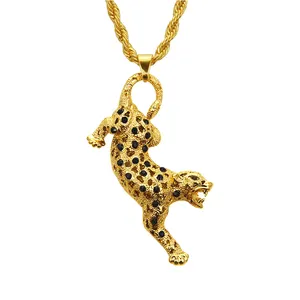 Hiphop Fancy Women Red Crystal Rhinestone 24K Gold Necklace Animal 3D Cheetah Charm Pendant Diamond Leopard Necklace