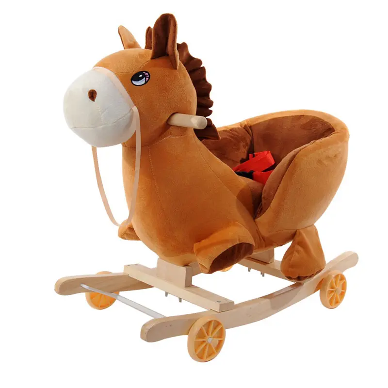 2019 popular baby rocking chair solid wood band music baby Trojan baby rocking bed plush doll toys