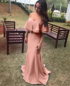 Vestidos de baile elegantes, cor de pêssego, ombro fora, gola em v