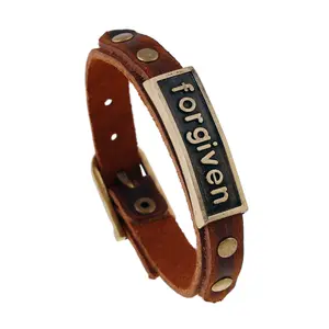 Customized Engravable Forgiven Genuine Leather Bracelet Vintage cowhide Wristband