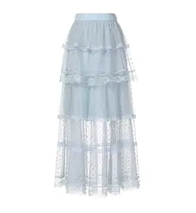 Couture Ladies Long Style Double-deck High Waist Patchwork Lace Bowknot Knee Length Polka Dot Layered Skirt