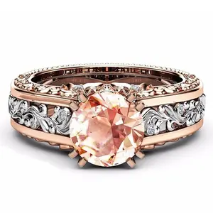 Bague de fiançailles en or Rose et Zircon pour femmes, anneau de mariage bicolore avec motif de fleur et strass