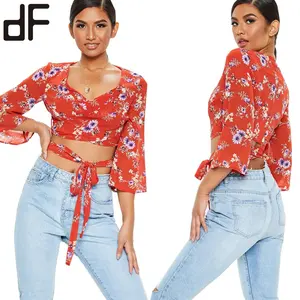 OEM Latex Fashion Bohemian Style Summer Blouse Shirts Hem Belted Floral Printed Chiffon Red Blouse For Women