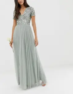 Bridesmaid v neck maxi tulle dress with tonal delicate sequins