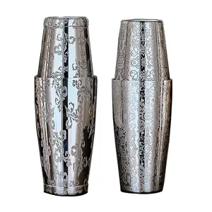 热销新设计28盎司/18盎司不锈钢称重波士顿摇床罐雕刻高级酒吧工具