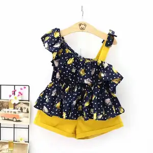 Ruffled Waist Halter Top + Shorts Print Wholesale Children's Fashion Bow 2019 Summer Kids for 1-7Y Girls Casual 100% Cotton Dot