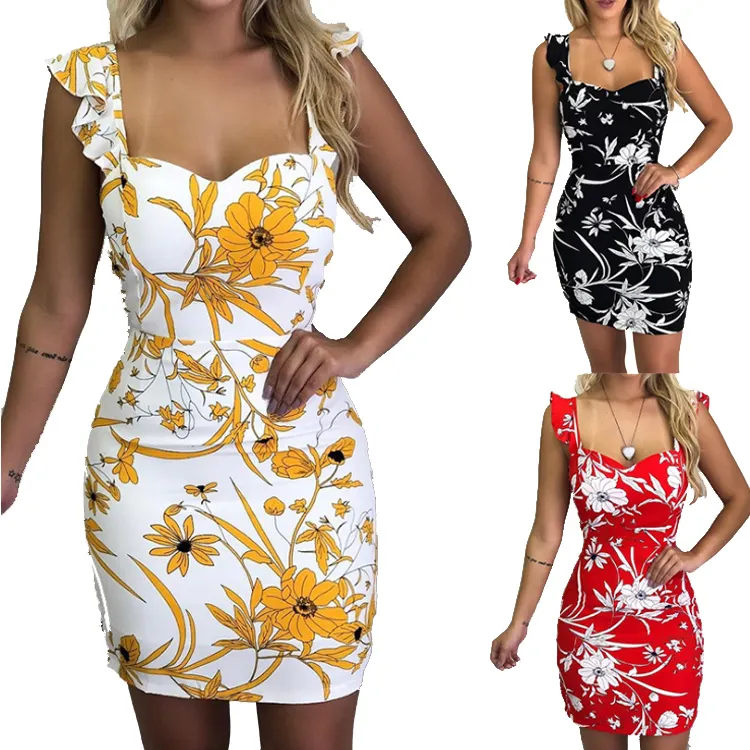 De verano de las mujeres de impresión de seda flor chica vestido Floral vestido lápiz