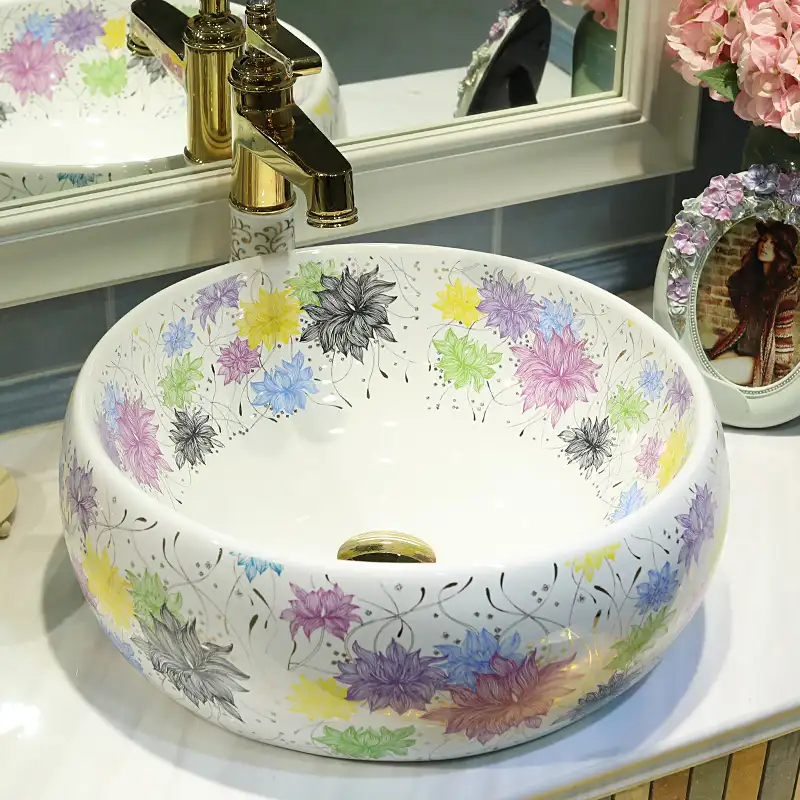 美しいjingdezhenバスルームシンク洗面器手描き洗面器磁器ラウンドセラミック洗面器