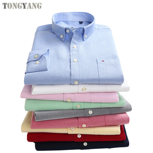 Tongyang dos homens de manga comprida azul oxford camisa de vestido com bolso do peito esquerdo algodão casual masculino botão sólido camisas - Product Image 2
