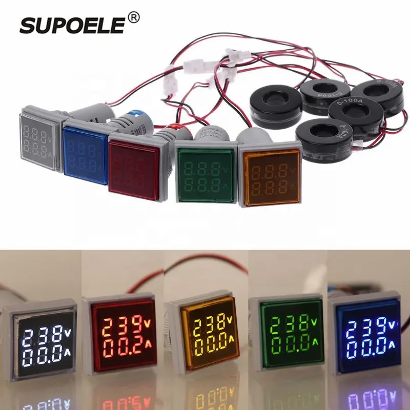 Lampu Indikator Pengukur Voltase Voltmeter, Baru Merah Hijau Amber Biru Putih AC 20-500V 1-100A 22Mm Diameter Panel Dudukan 2 In 1