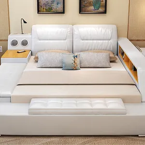 简单的设计现代面料白色卧室家具豪华多功能按摩皮革床