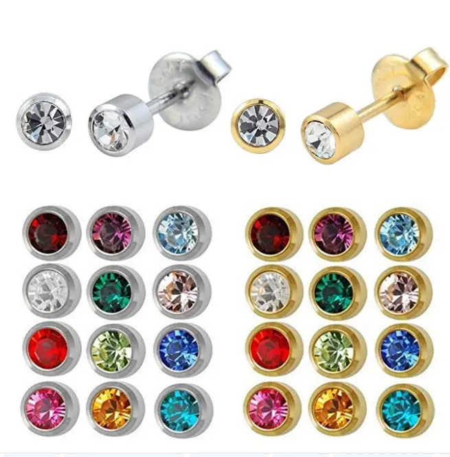 Karışık renkler 12 çift cerrahi çelik 4mm Birthstone küpe çıtçıt kulak piercing