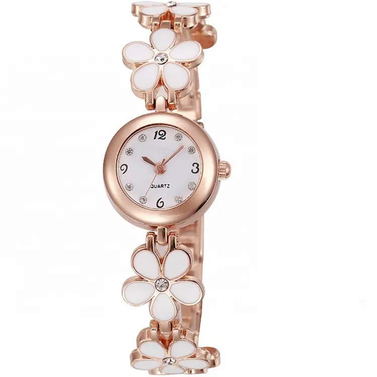 Flower pattern quartz pink clear female wrist watch bracelet.