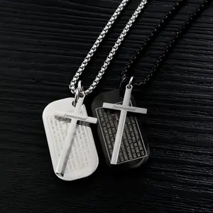 Big Cross Necklaces Black And Silver Color Stainless Steel Bible Cross Pendant Box Chain For Men