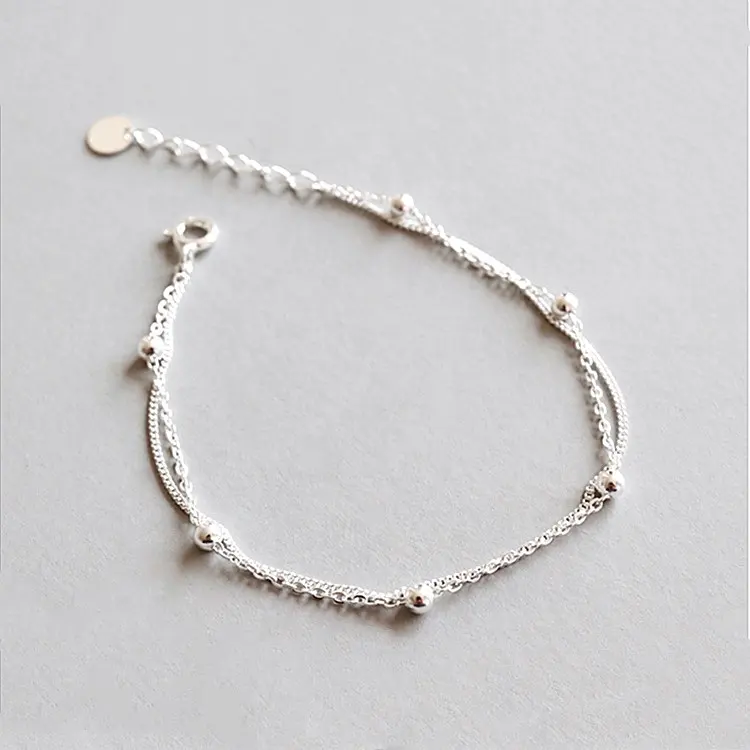 Minimalist jewelry Double layer seed beads chain 925 Sterling Silver bracelet women