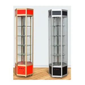 Hexagonal low speed motor 4 layers glass shelves rotating jewelry glass display case with led lighting